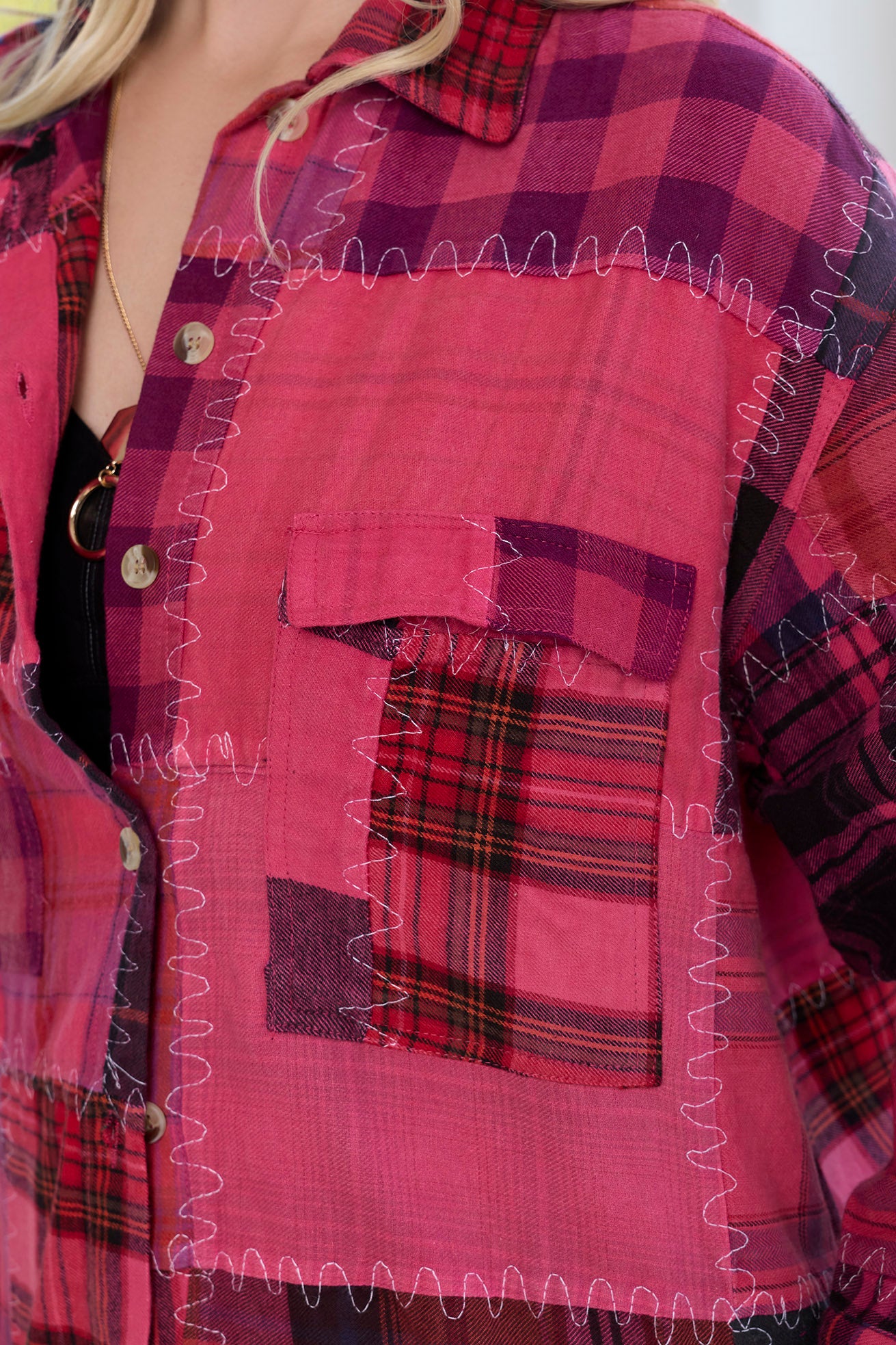 Emma Dawn Patchwork Shacket in Red - Myra USA