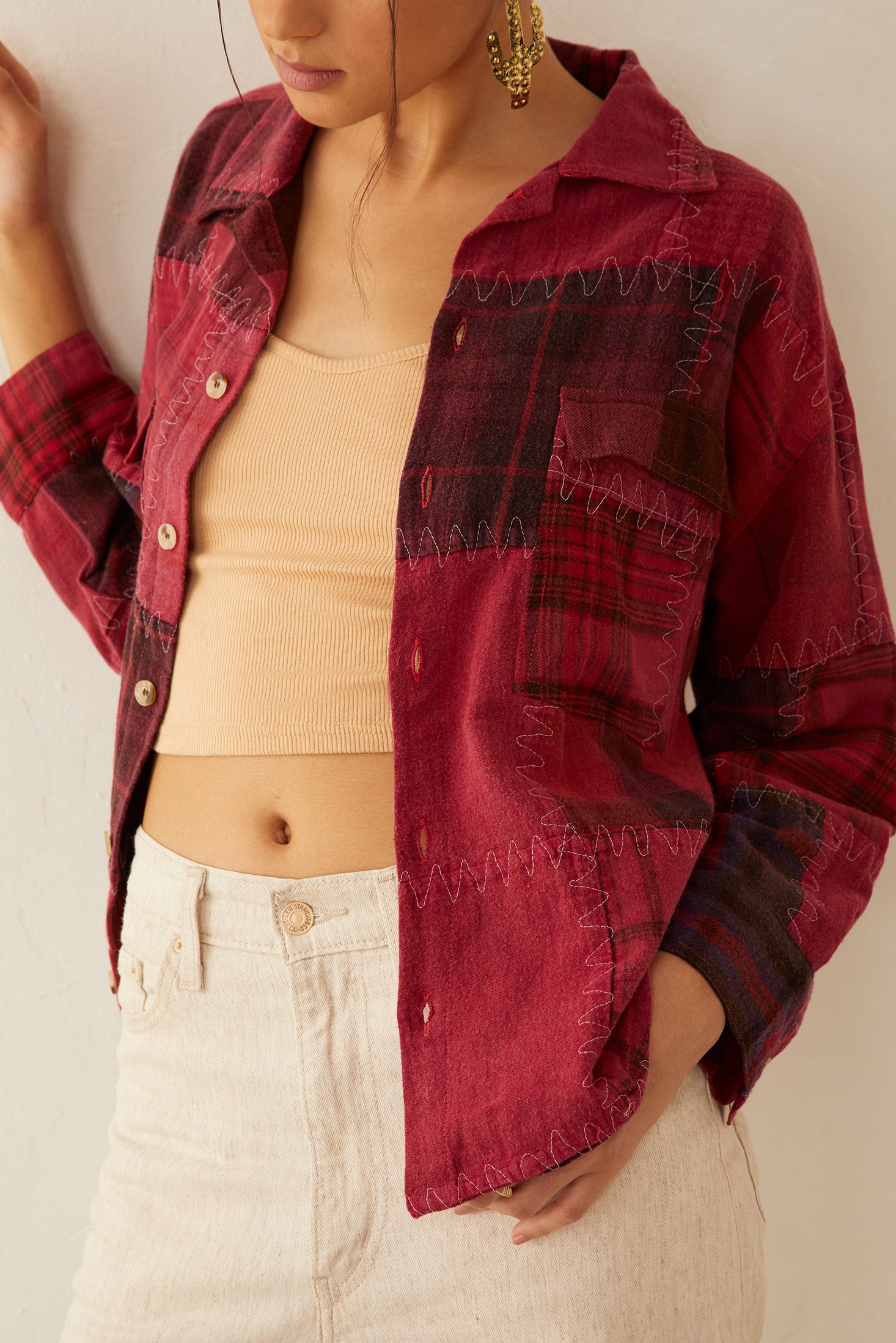 Emma Dawn Patchwork Shacket in Red - Myra USA