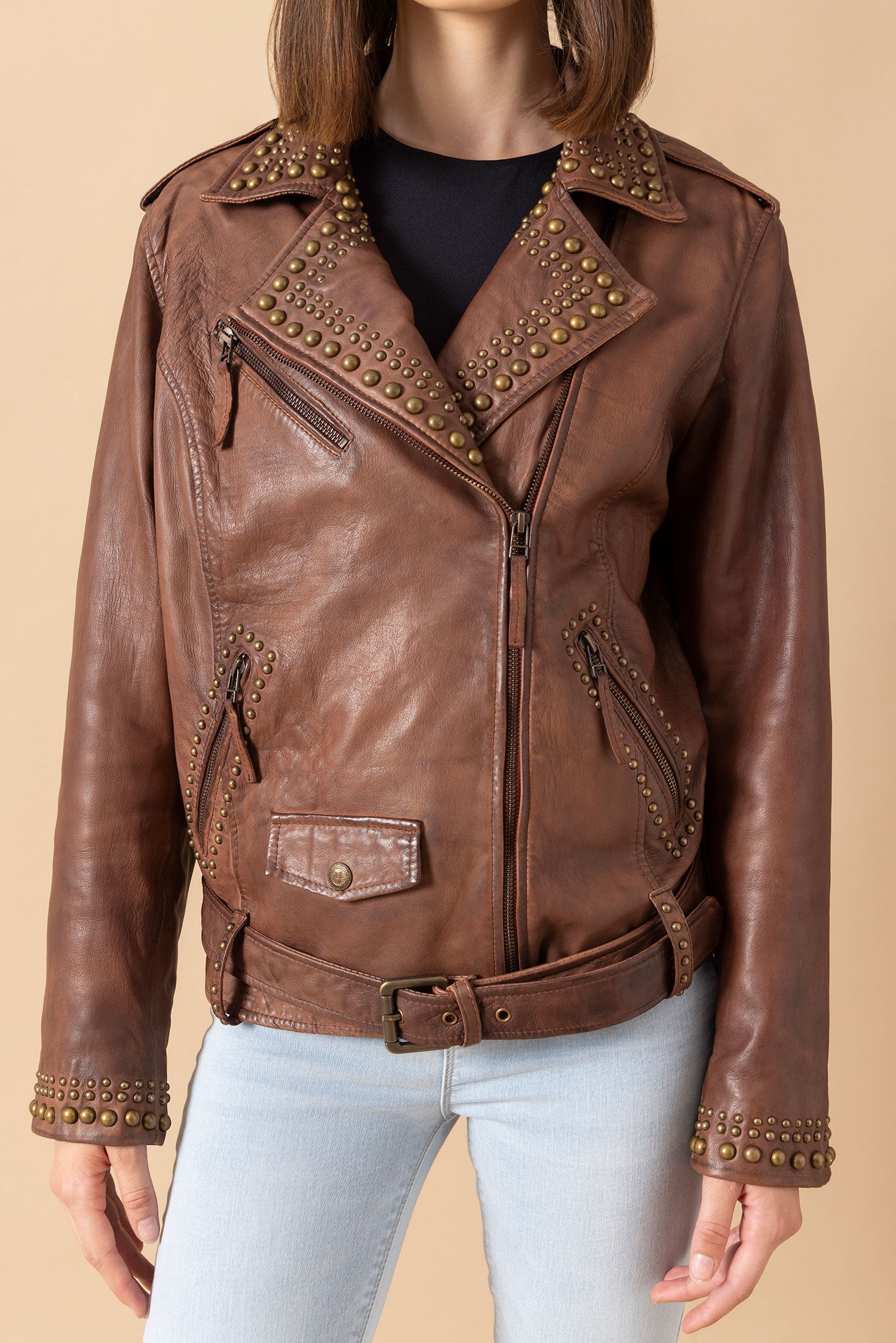 Aansila Leather Jacket In Chocolate Brown - Myra USA