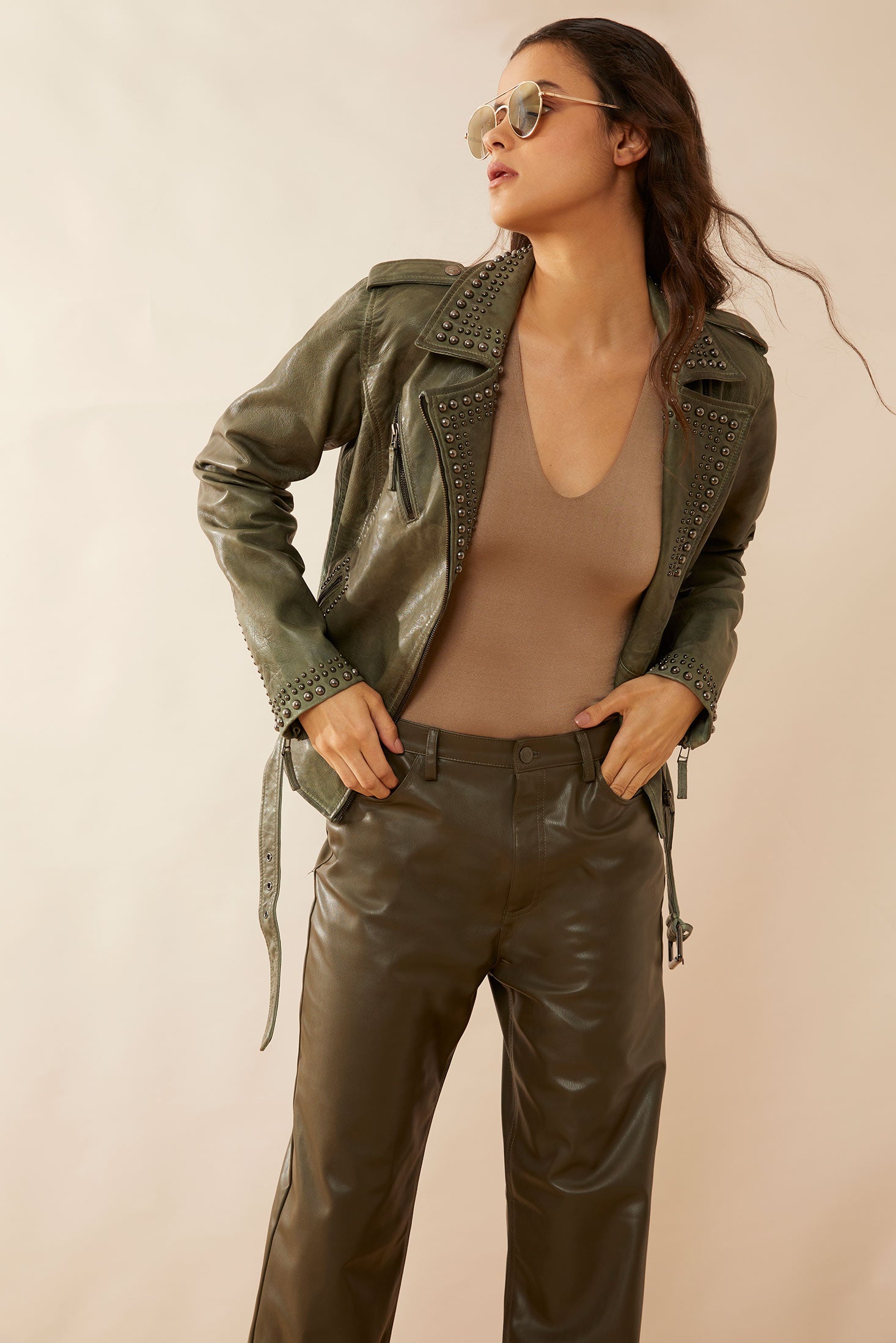 Aansila Leather Jacket In  Fern Grotto Green - Myra USA
