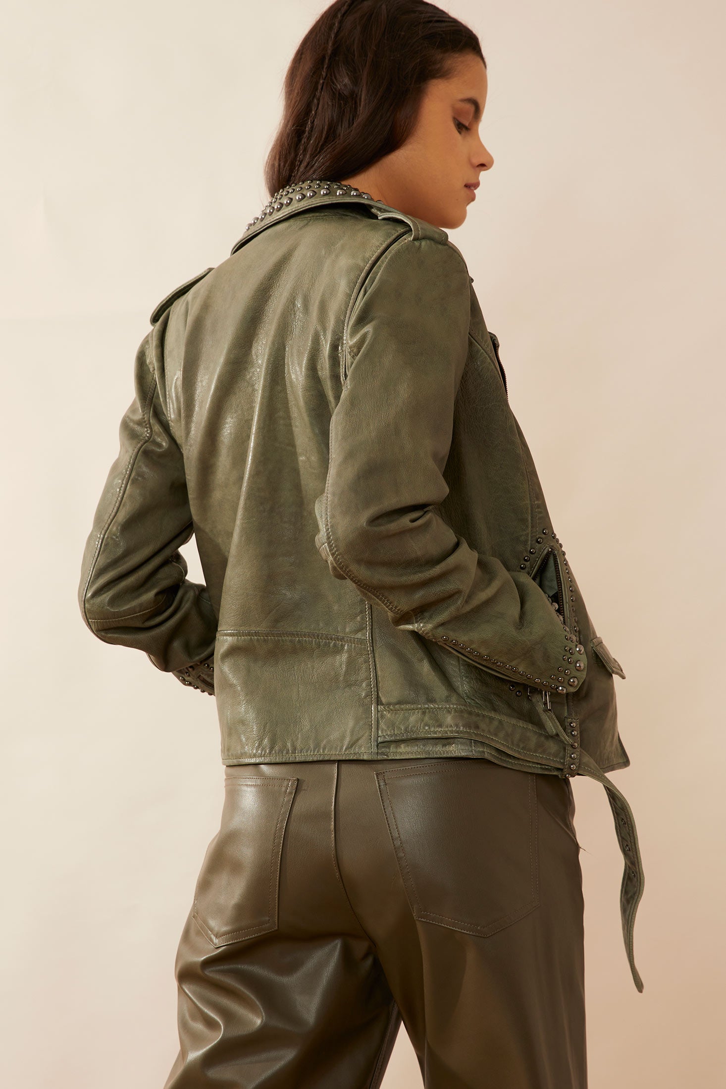 Aansila Leather Jacket In  Fern Grotto Green - Myra USA