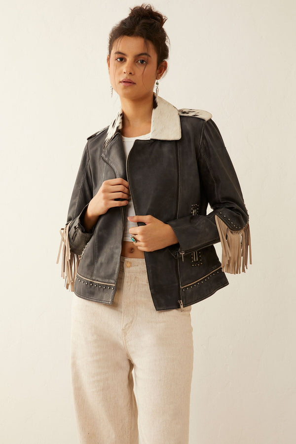 Phoenix Fringed Leather Jacket In Ebony - Myra USA