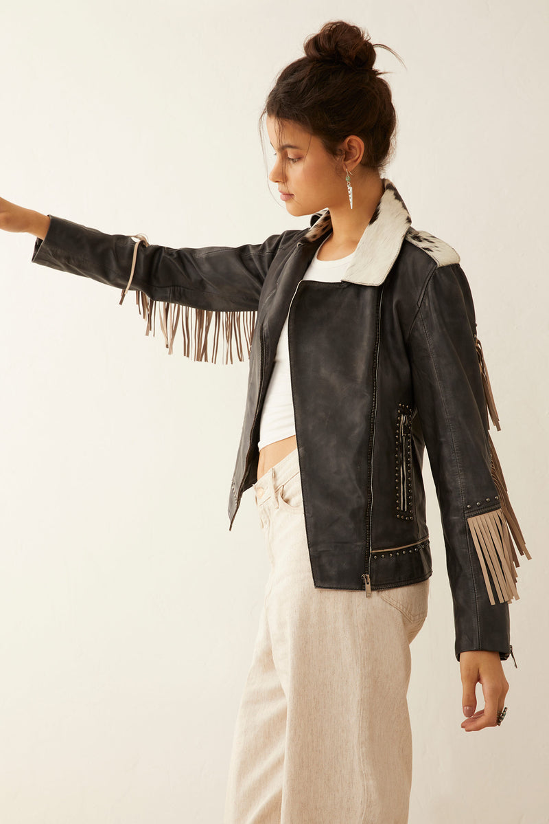 Phoenix Fringed Leather Jacket In Ebony