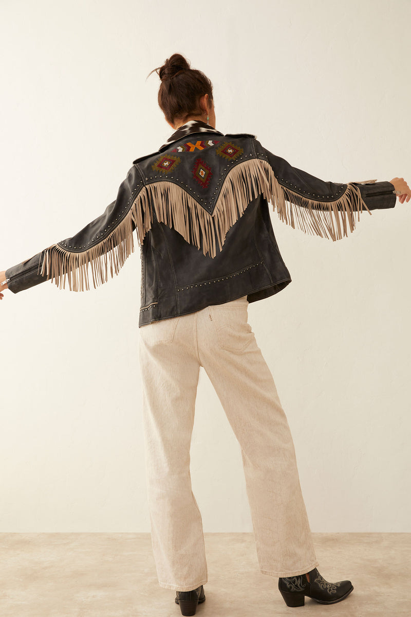 Phoenix Fringed Leather Jacket In Ebony