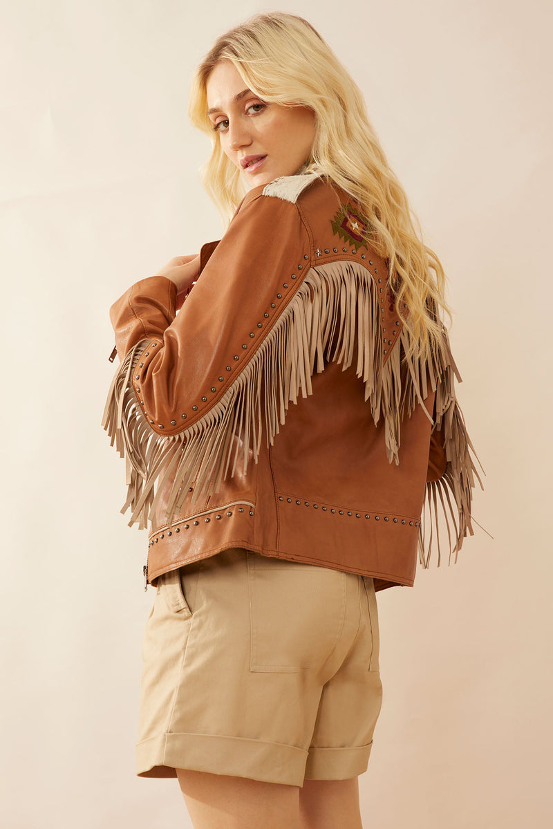 Phoenix Fringed Leather Jacket In Camel