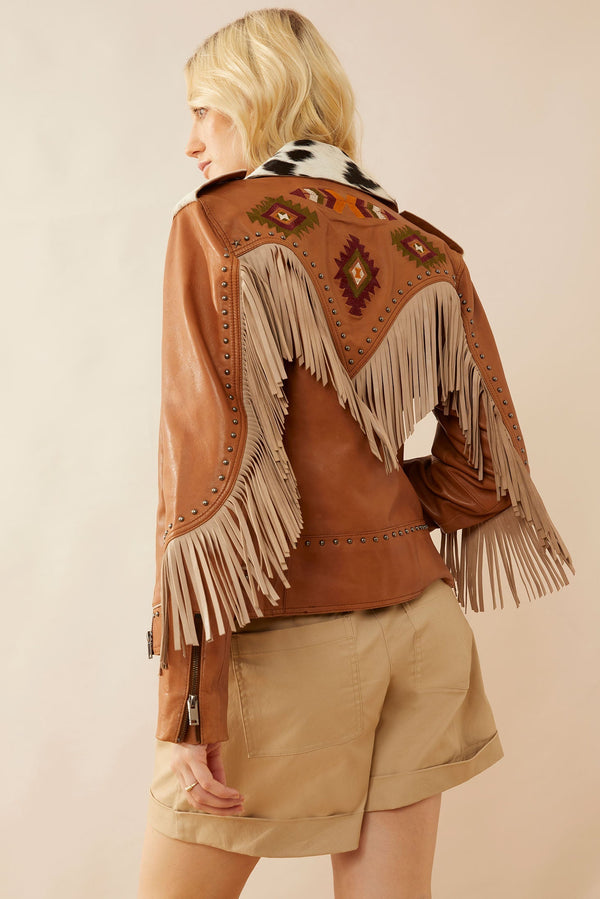 Phoenix Fringed Leather Jacket In Camel - Myra USA