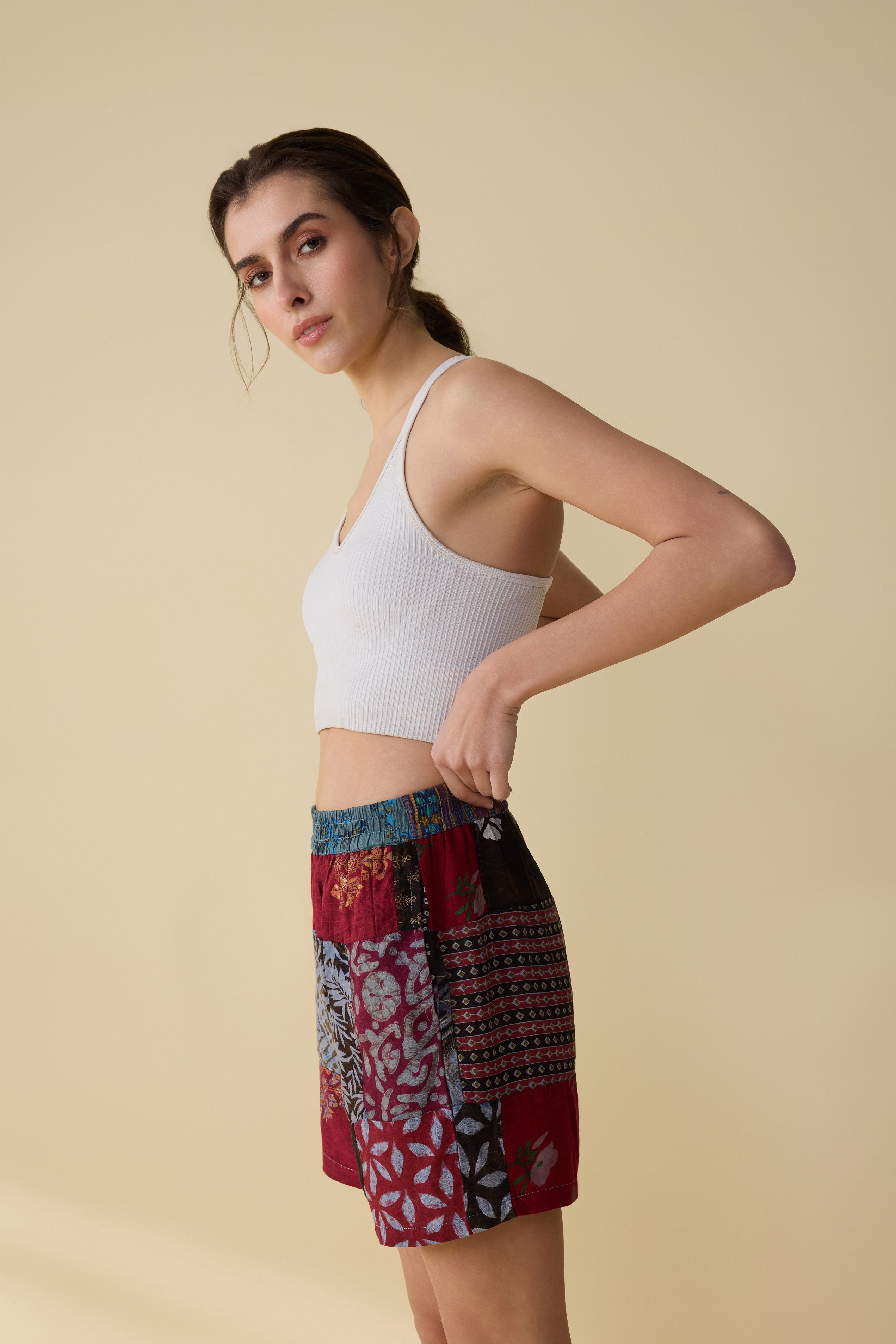 Isabella Paisley Patchwork Shorts In Red And Gray