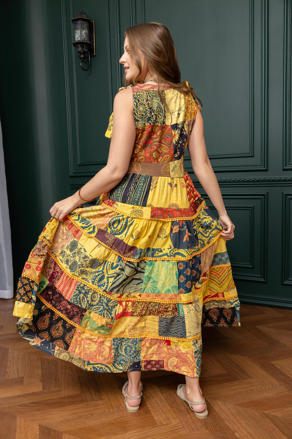 Savannah's Serendipity Patchwork Dress In Yellow - Myra USA