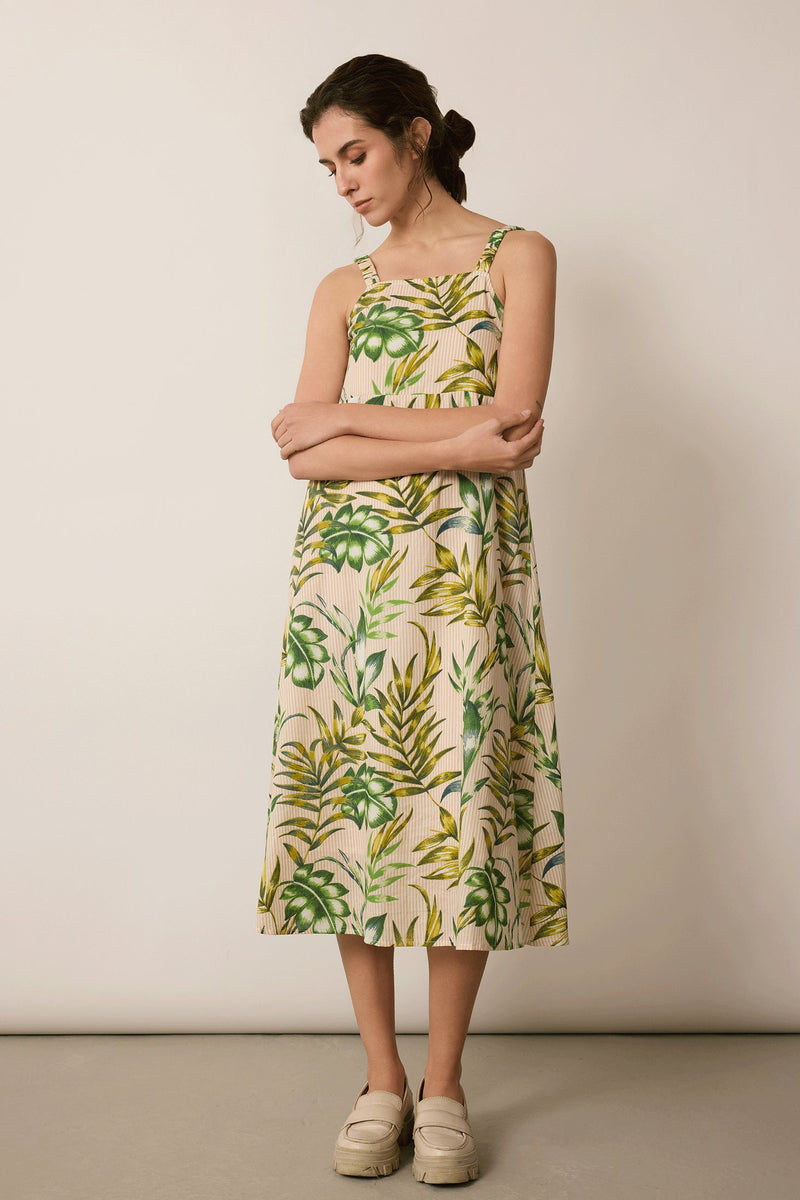 Ports of Call A-Line Dress In Off White and Green