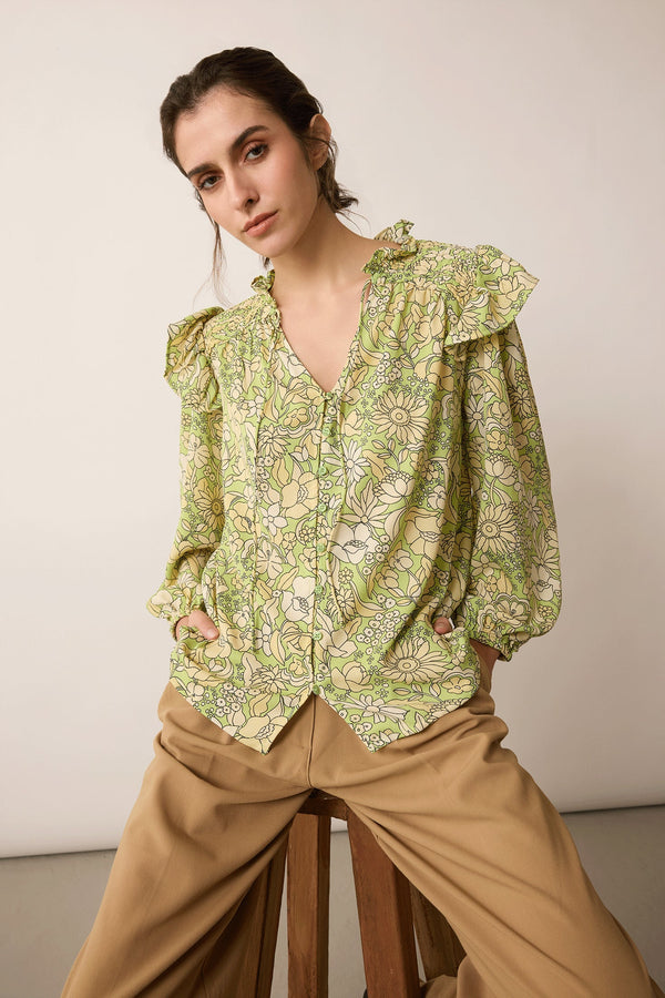 Morgan Mia Ruffled Top In Green - Myra USA
