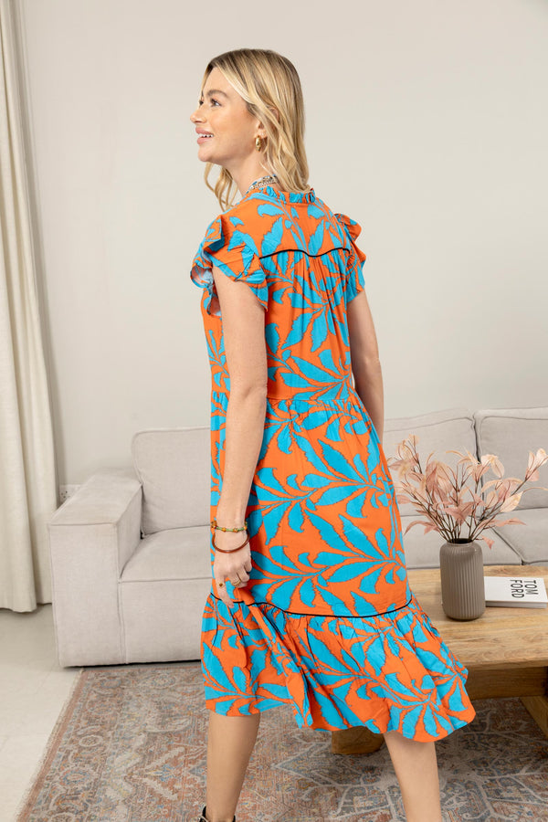 Bold & Beautiful Empire Waist Dress In Orange And Blue - Myra USA