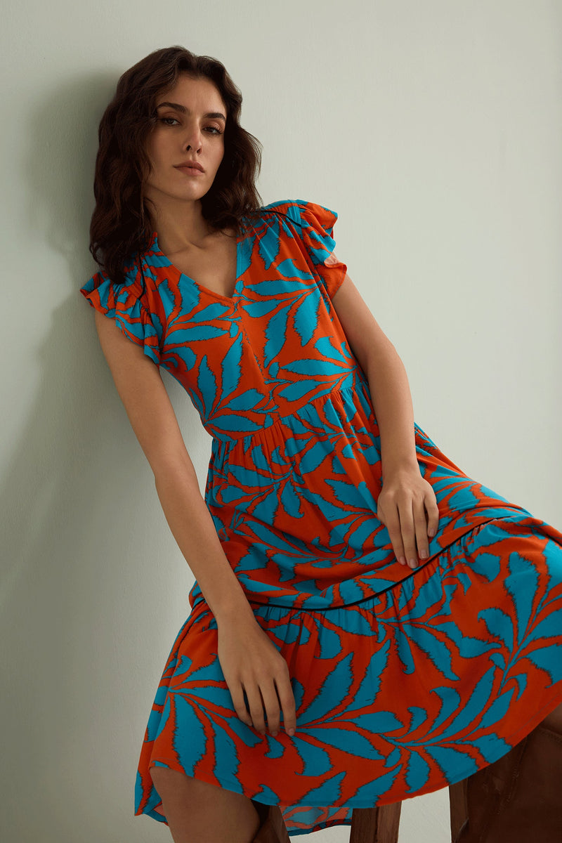 Bold & Beautiful Empire Waist Dress In Orange And Blue