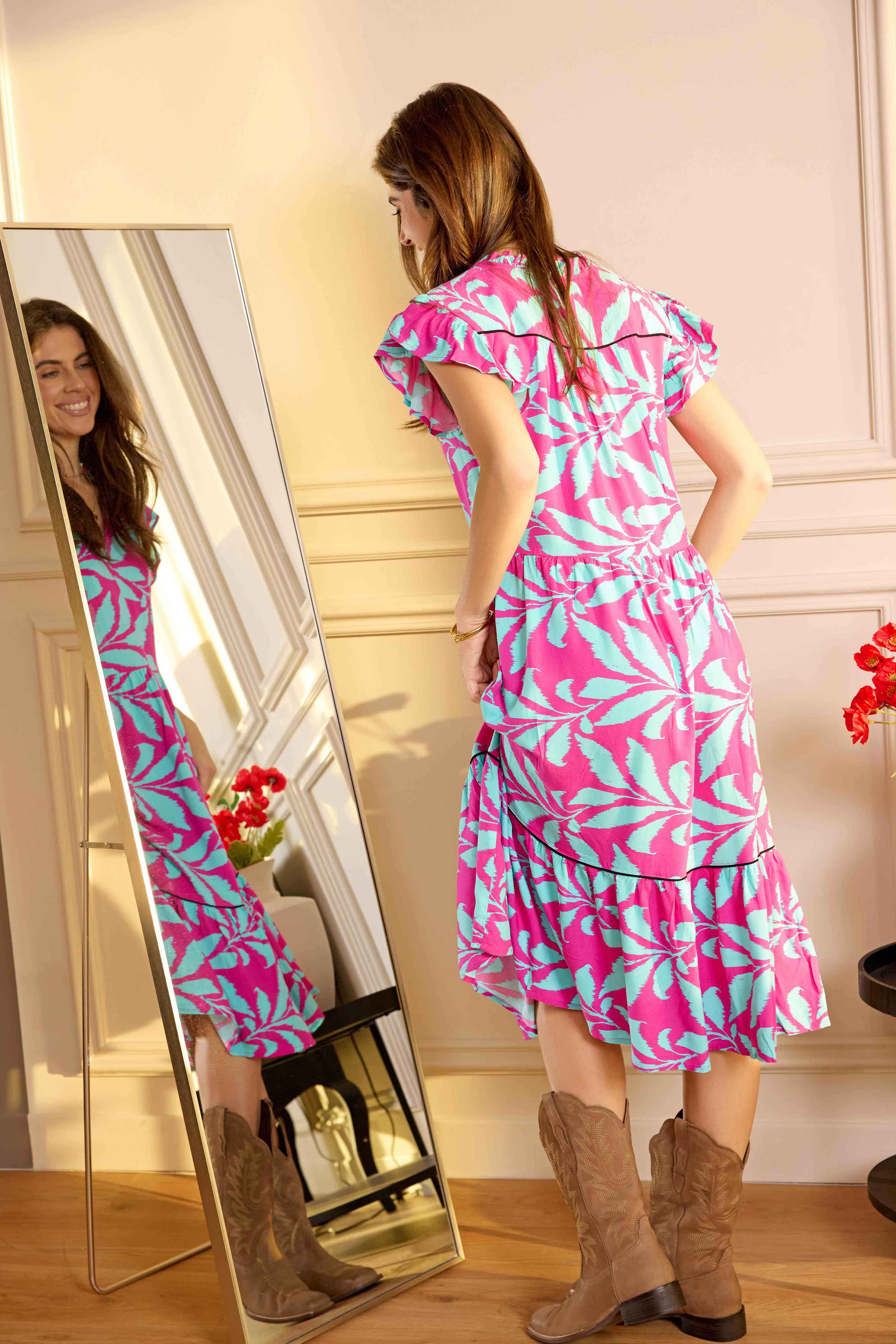 Bold & Beautiful Empire Waist Dress In Pink and Blue
