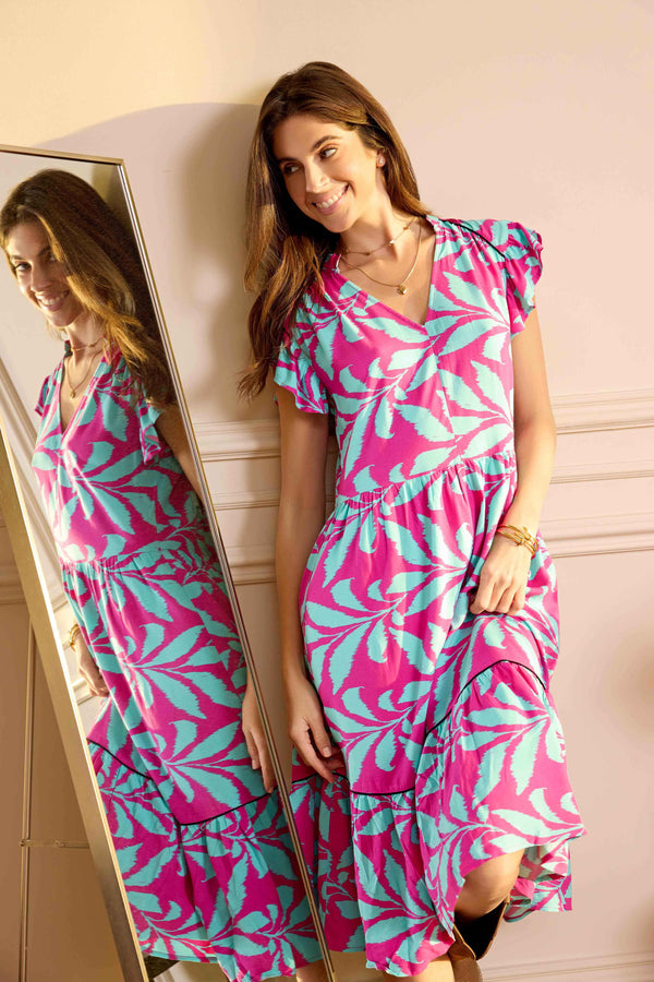 Bold & Beautiful Empire Waist Dress In Pink and Blue - Myra USA