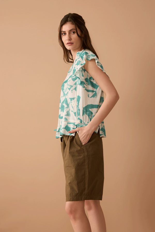 Vanessa Sheer Embroidered Top In White And Turquoise - Myra USA