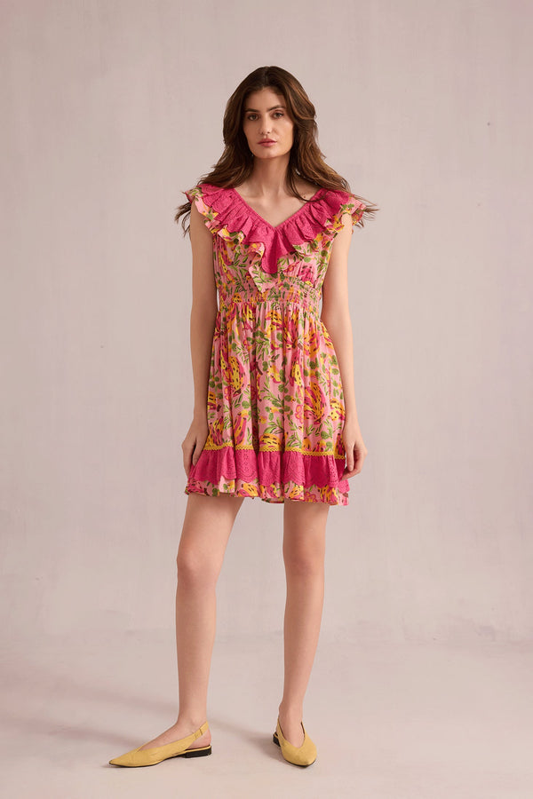 My Lush Oasis Empire Waist Dress In Pink And Peach