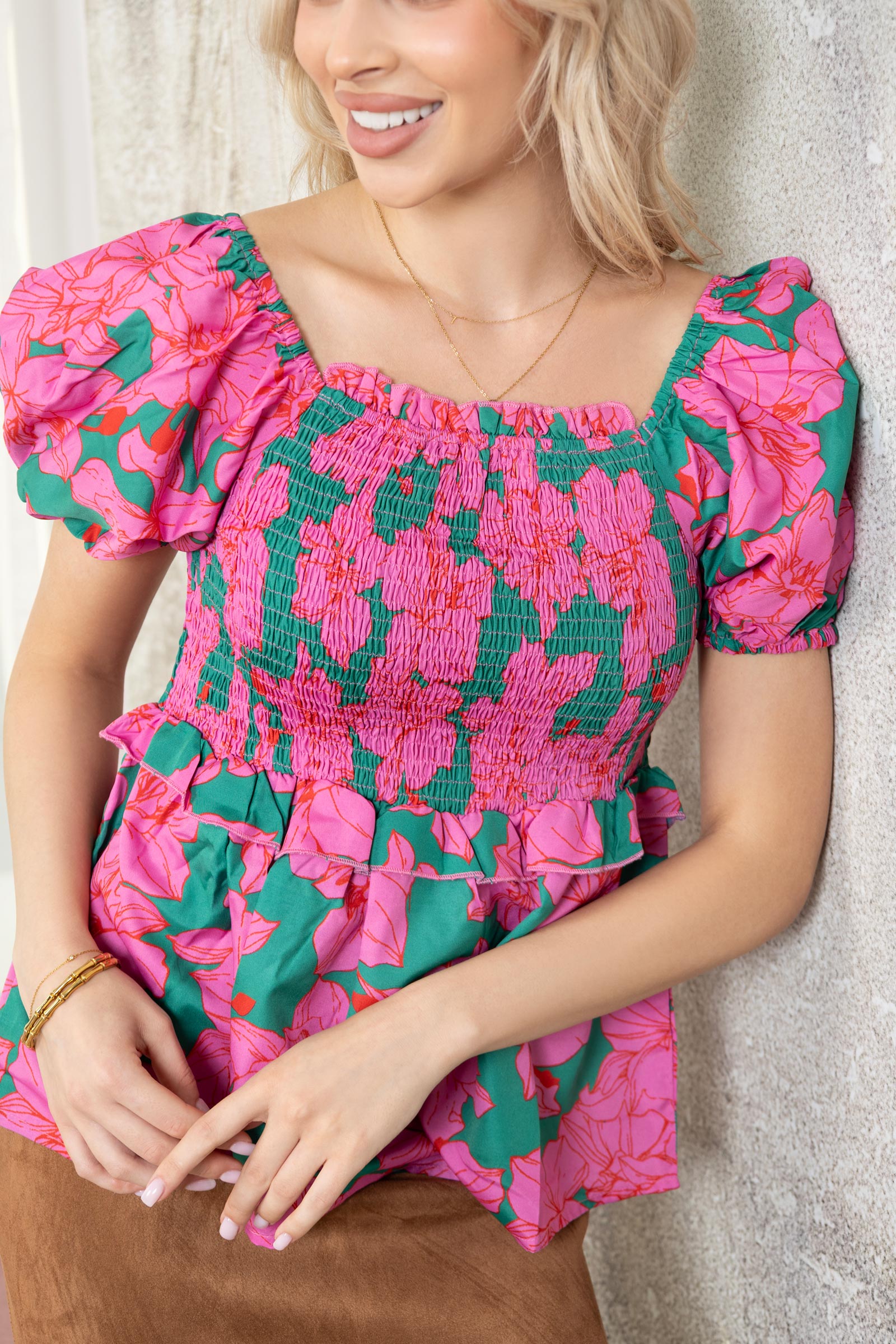 Hibiscus Cove Top In PInk And Green - Myra USA