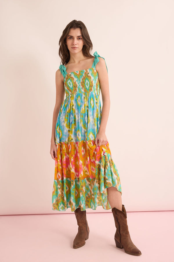 Jade Geometric Drop Waist Dress In Green And Orange - Myra USA