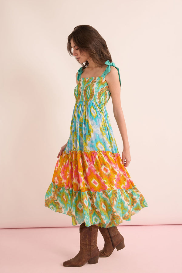 Jade Geometric Drop Waist Dress In Green And Orange - Myra USA