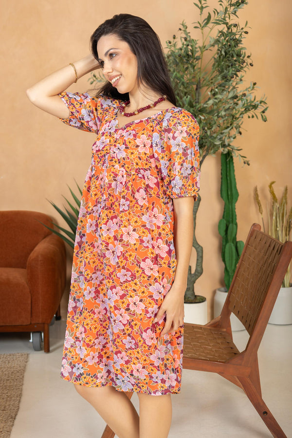 Peony Passion A-Line Dress In Orange - Myra USA