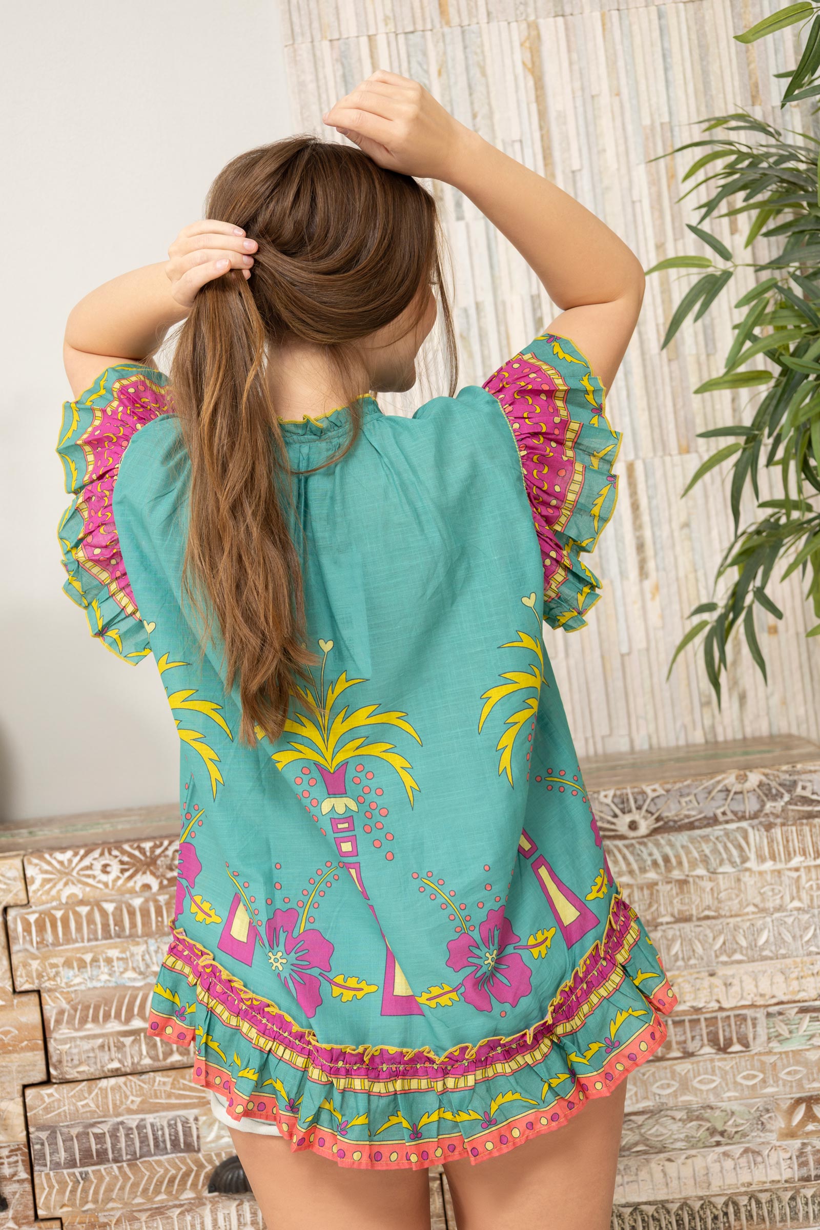 Coconut Island Ruffled Top  In Turquoise - Myra USA