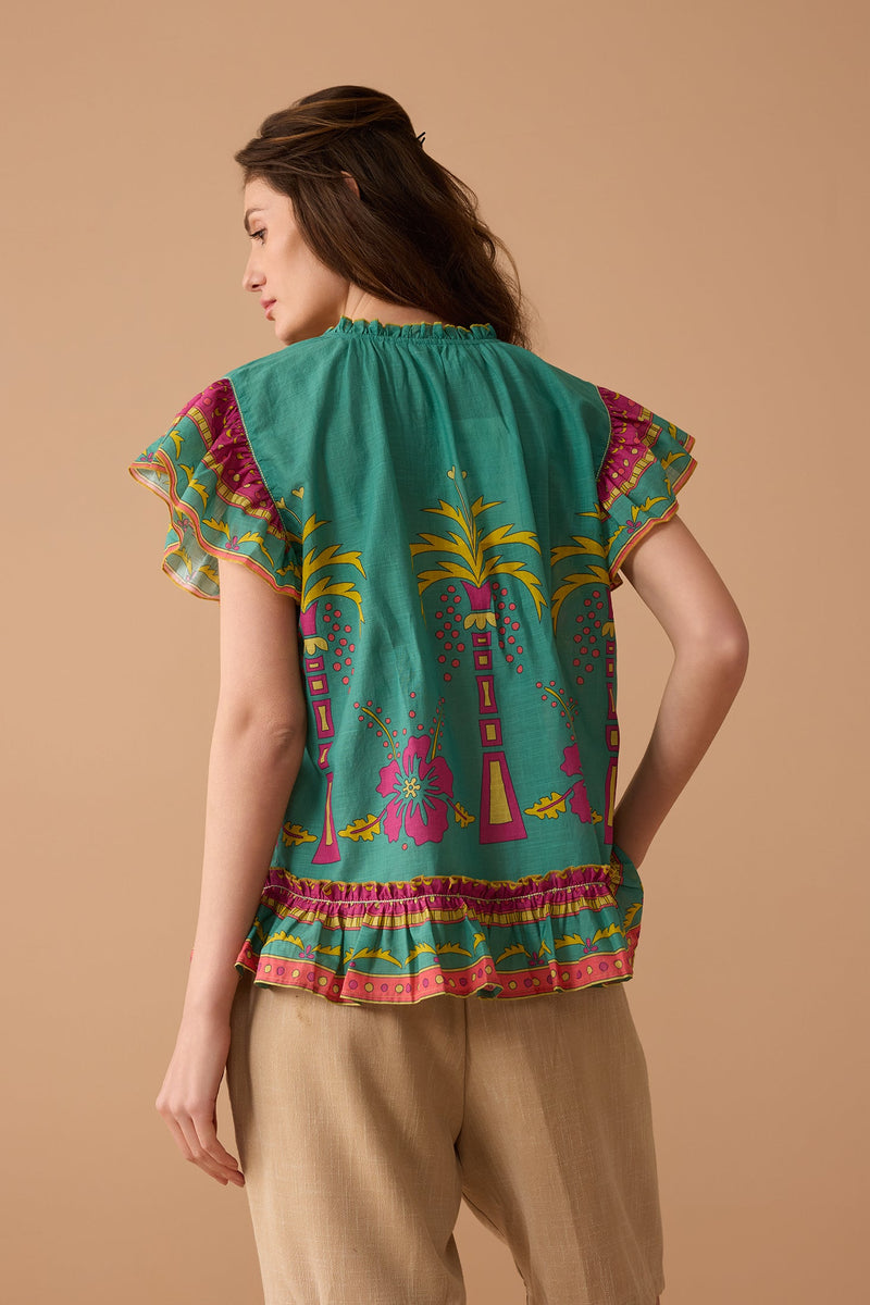 Coconut Island Ruffled Top  In Turquoise