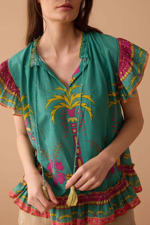 Coconut Island Ruffled Top  In Turquoise