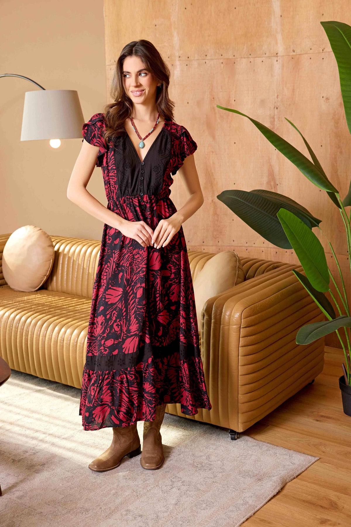 Bohera Songbloom V-Neck Sleevless Maxi Dress in Deep Rouge - Myra USA