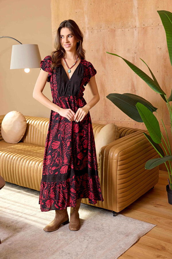 Bohera Songbloom V-Neck Sleevless Maxi Dress in Deep Rouge - Myra USA