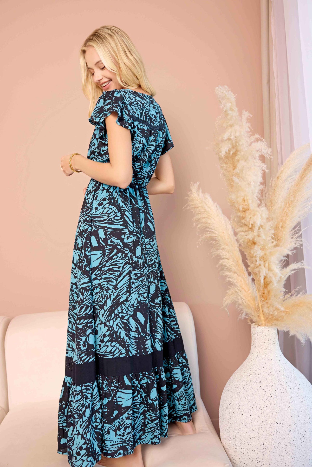 Bohera Songbloom V-Neck Sleevless Maxi Dress in Ocean Azure - Myra USA