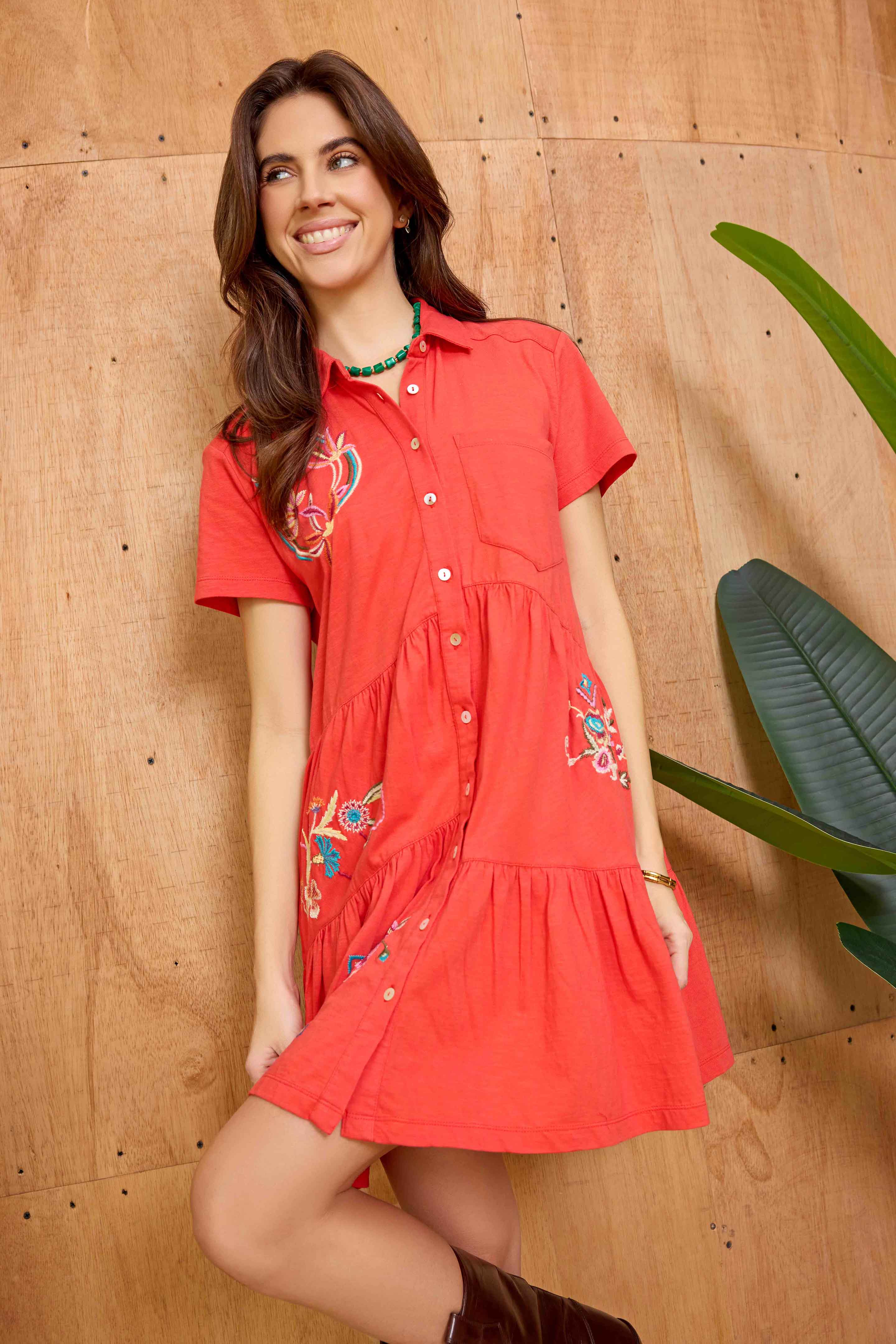 Bohera Sunweave Embroidered Button-Front Tiered Midi Dress in Canyon Ember - Myra USA