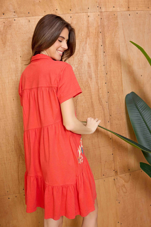 Bohera Sunweave Embroidered Button-Front Tiered Midi Dress in Canyon Ember - Myra USA