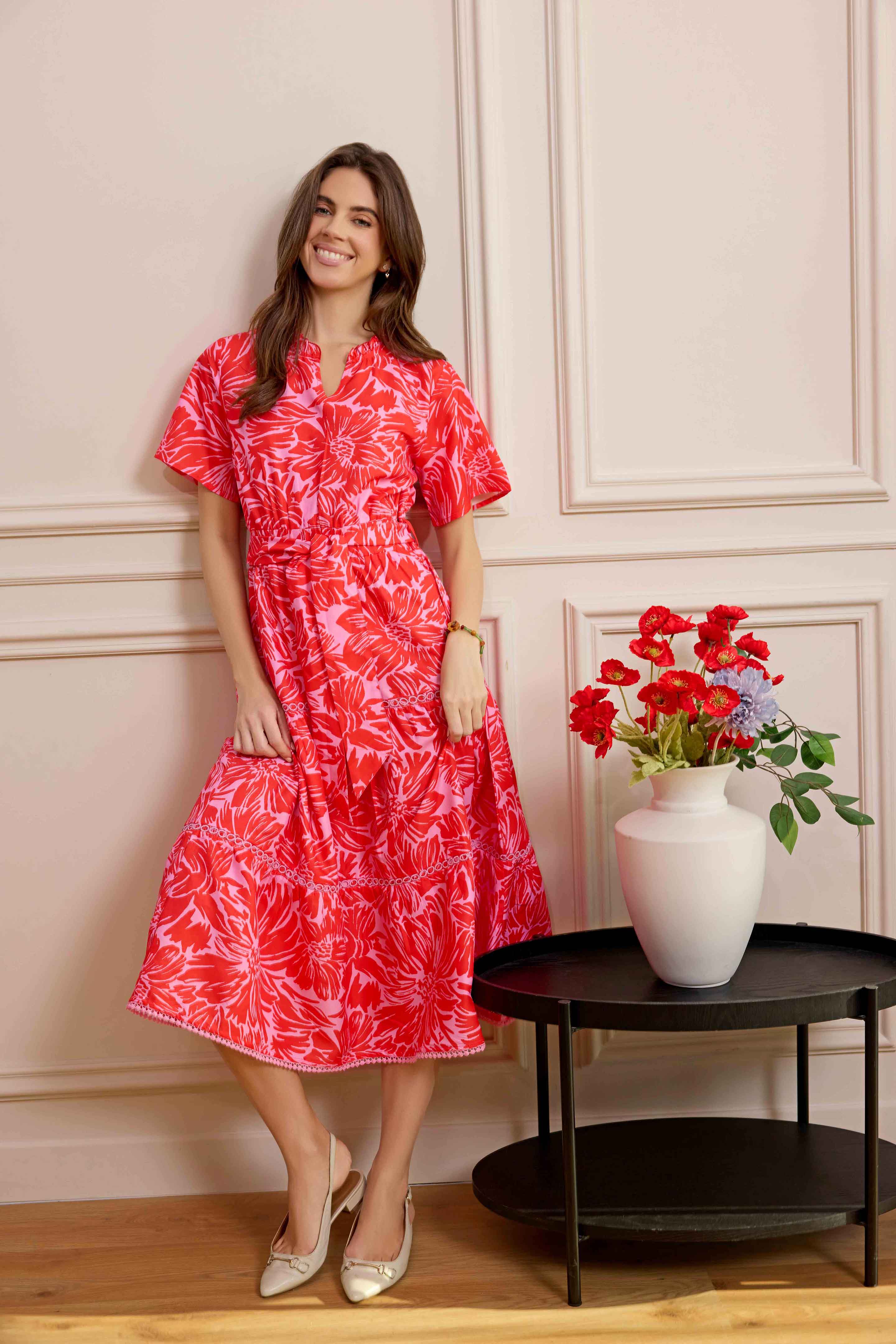 Bohera Meadow Wave Ruffle Collared Midi Dress with Waist Tie in Ruby Red - Myra USA