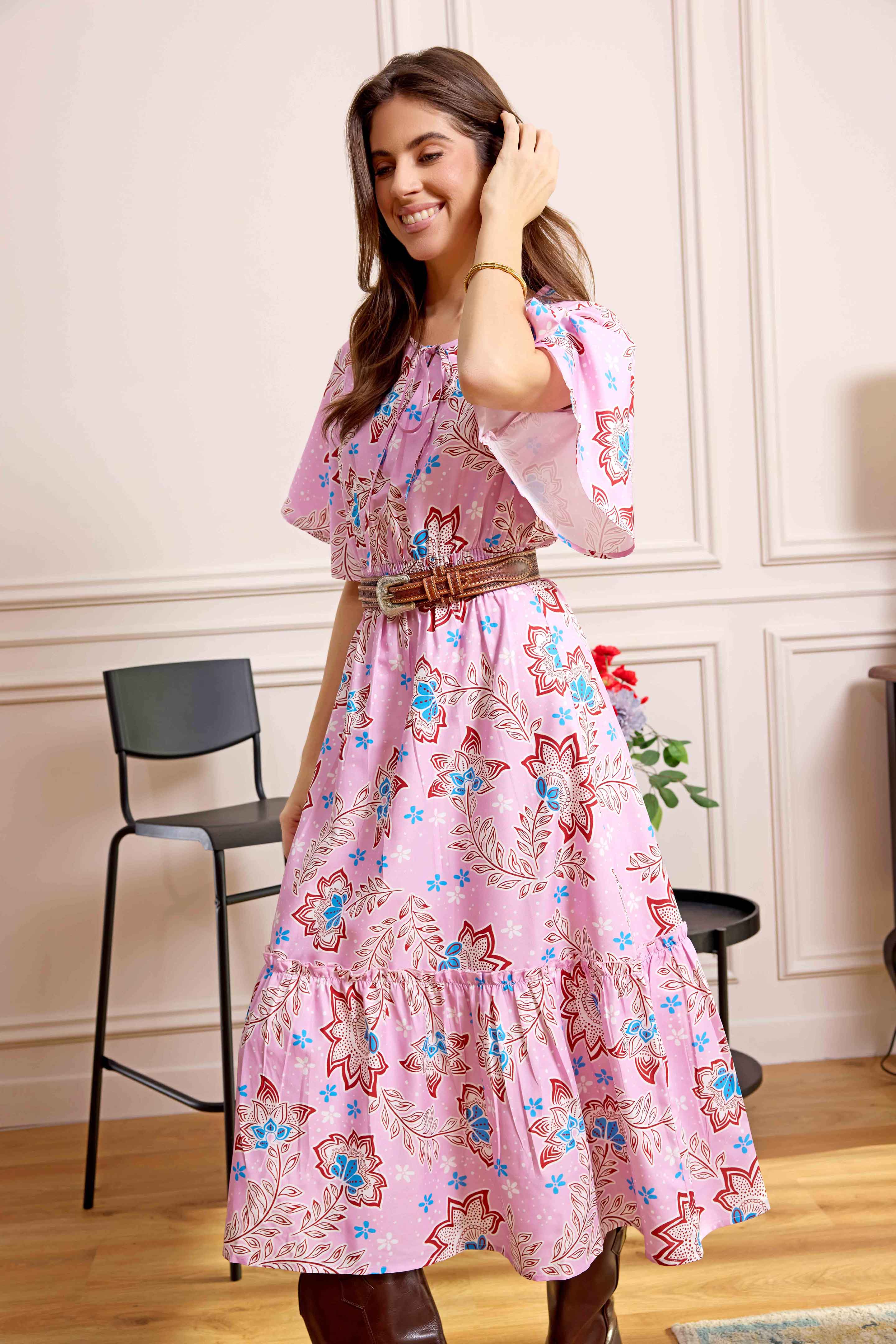 Bohera Floral Crest Midi Dress with Front Tie in Blush Pink - Myra USA