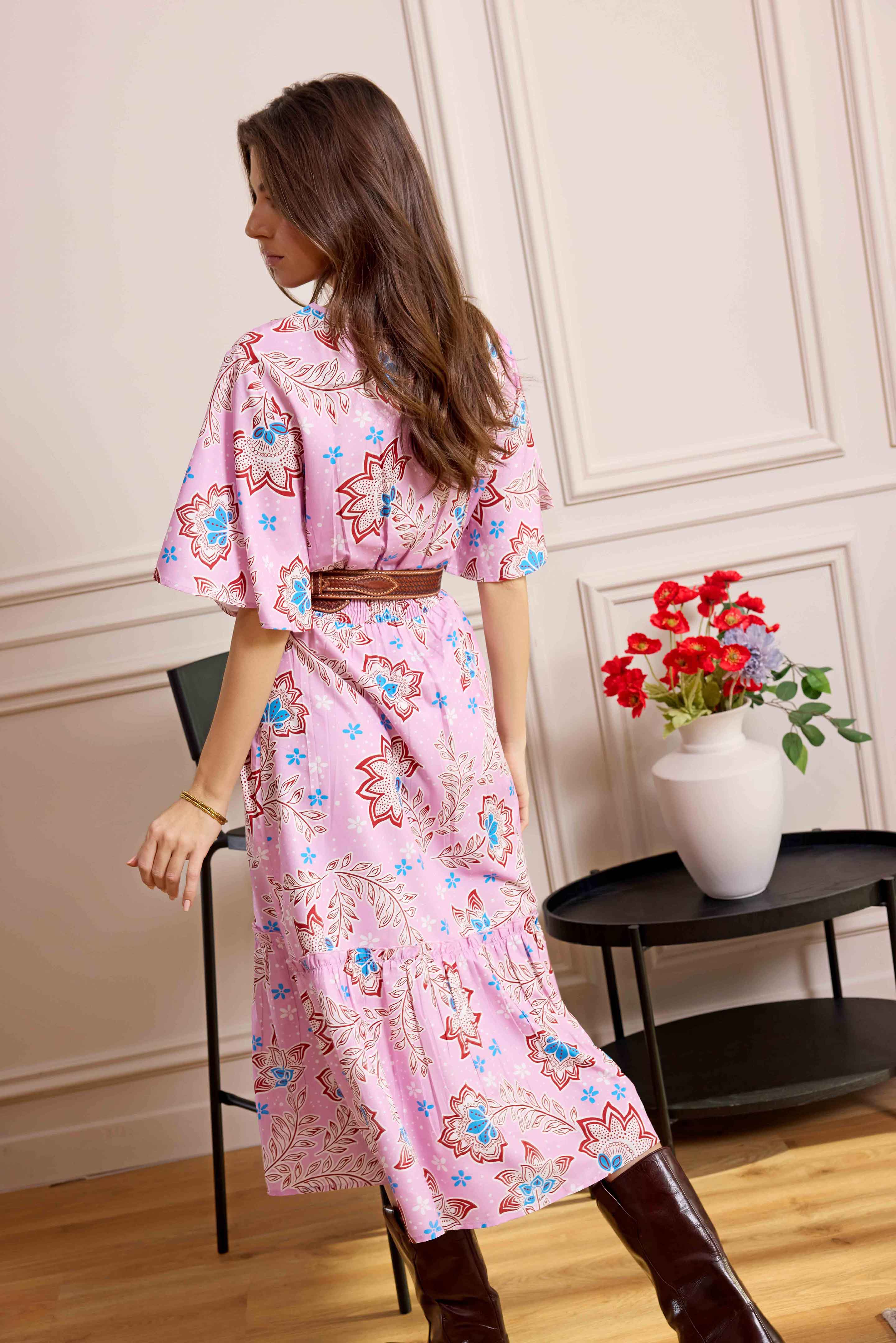 Bohera Floral Crest Midi Dress with Front Tie in Blush Pink - Myra USA