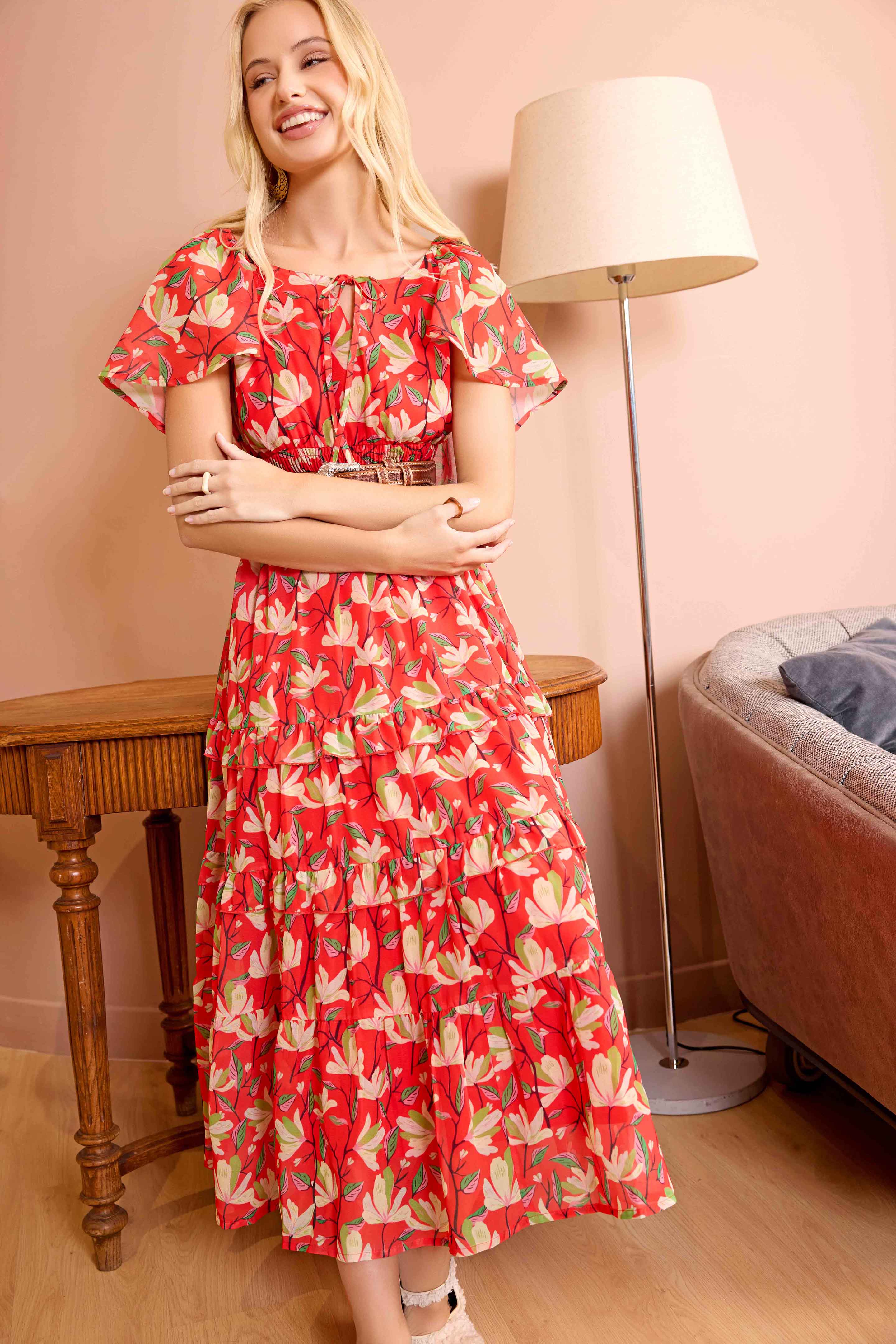 Bohera Lariat Grace Lace Trim Midi Dress in Crimson Red - Myra USA