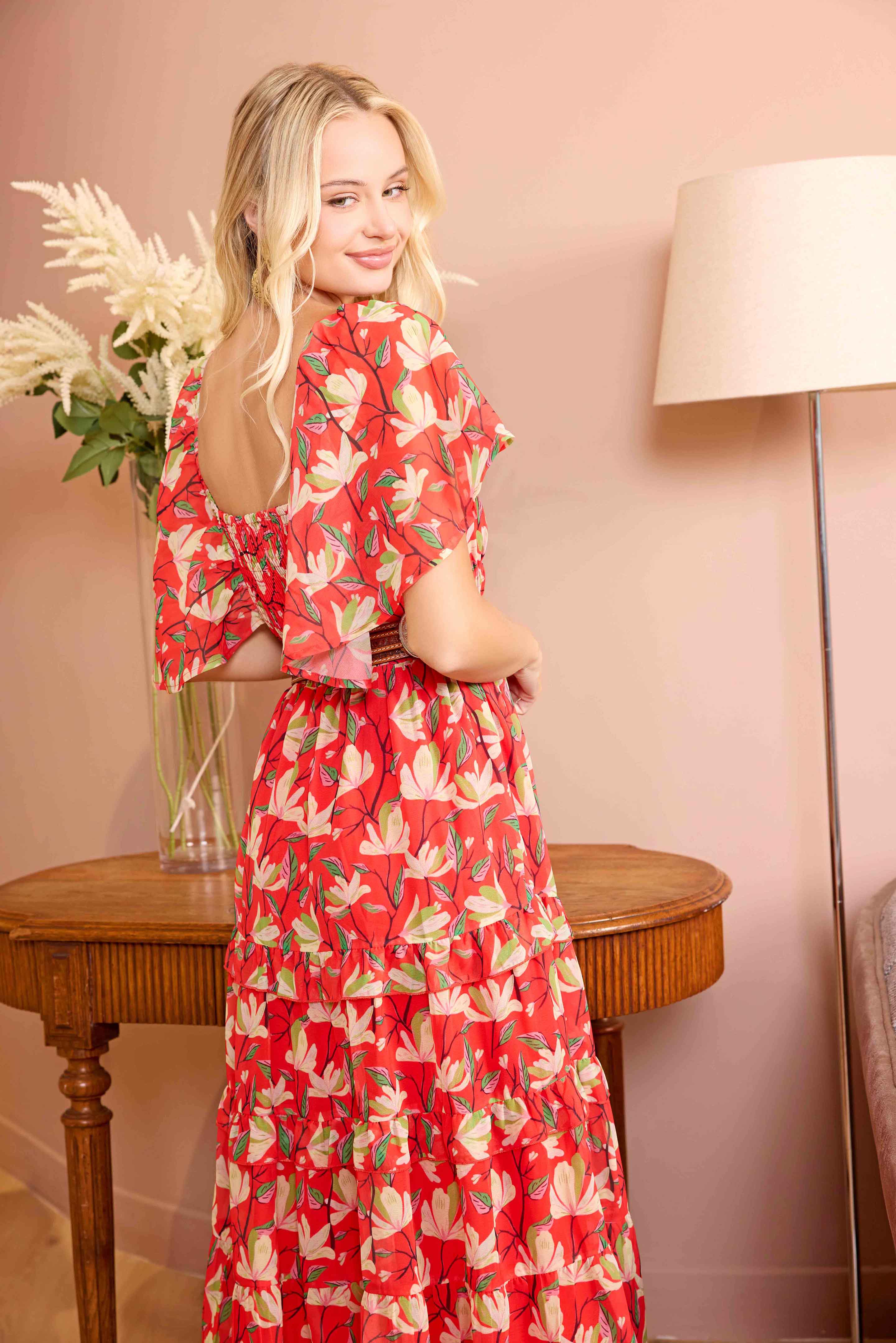 Bohera Lariat Grace Lace Trim Midi Dress in Crimson Red - Myra USA