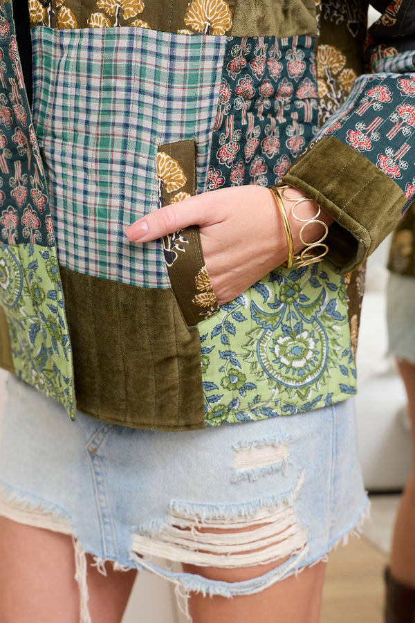 Meadow Folk Quilted Jacket with Patchwork in Dusty Green - Myra USA