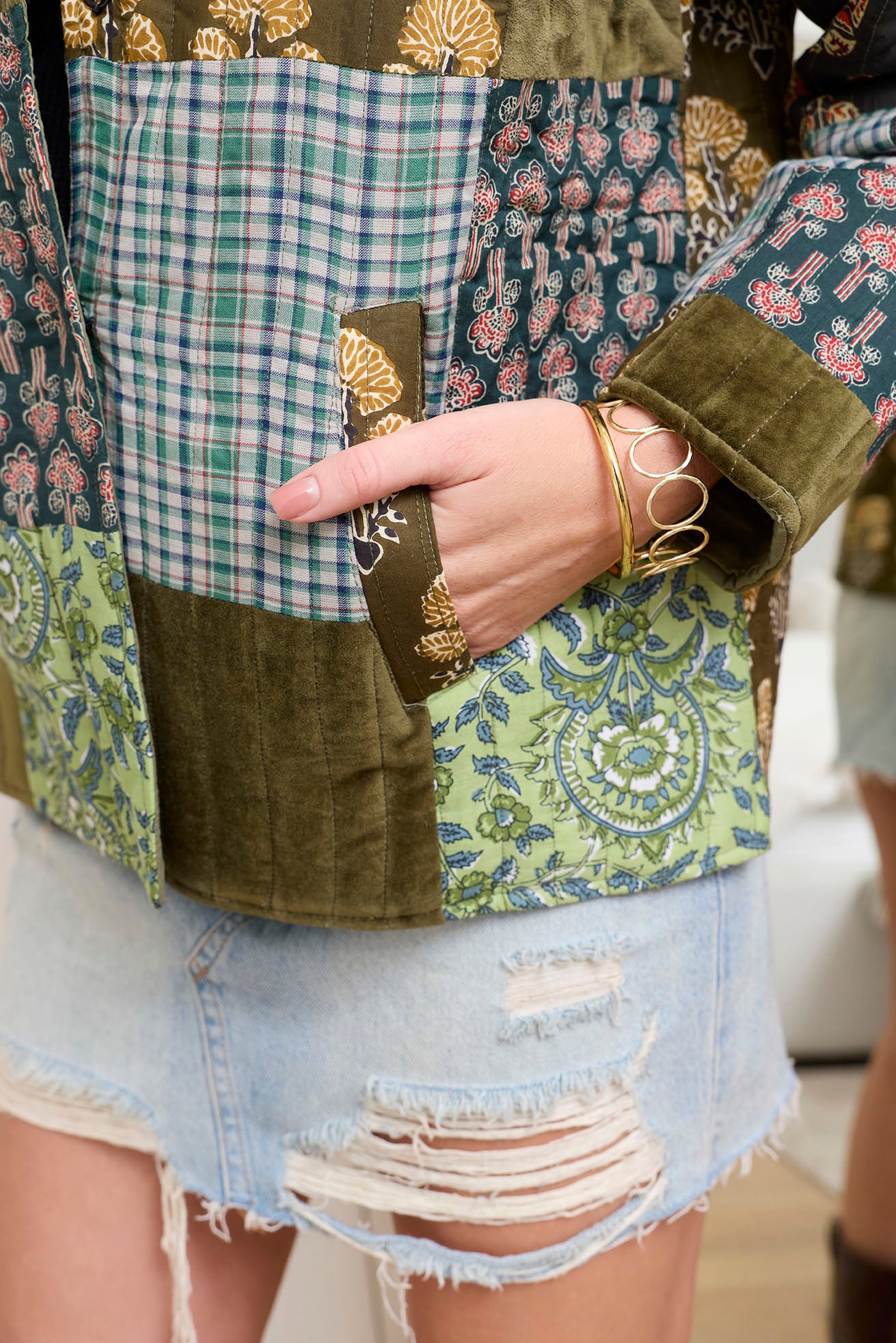 Meadow Folk Quilted Jacket with Patchwork in Dusty Green - Myra USA