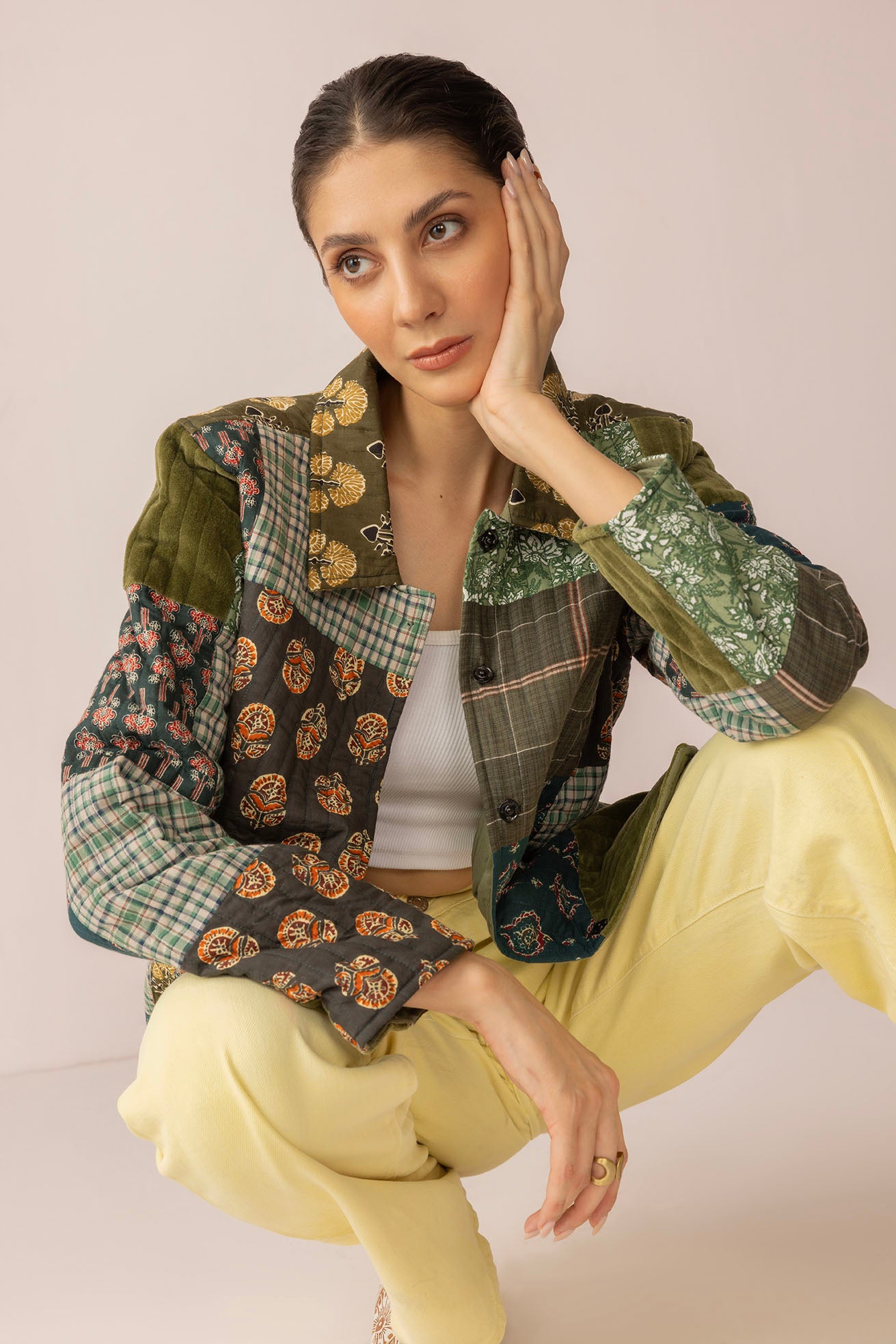 Meadow Folk Quilted Jacket with Patchwork in Dusty Green