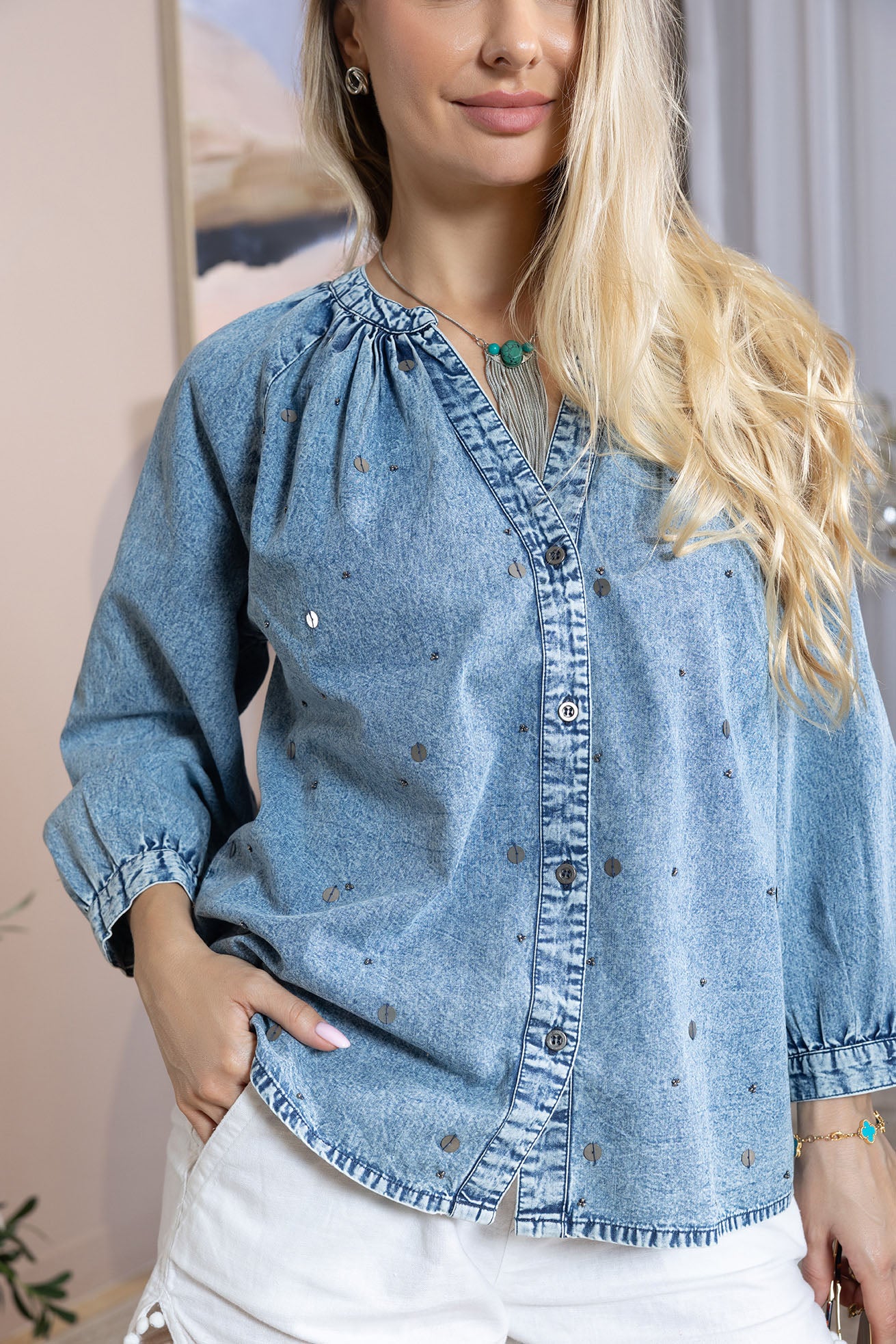 Stitched in Stardust Top in Washed Blue - Myra USA
