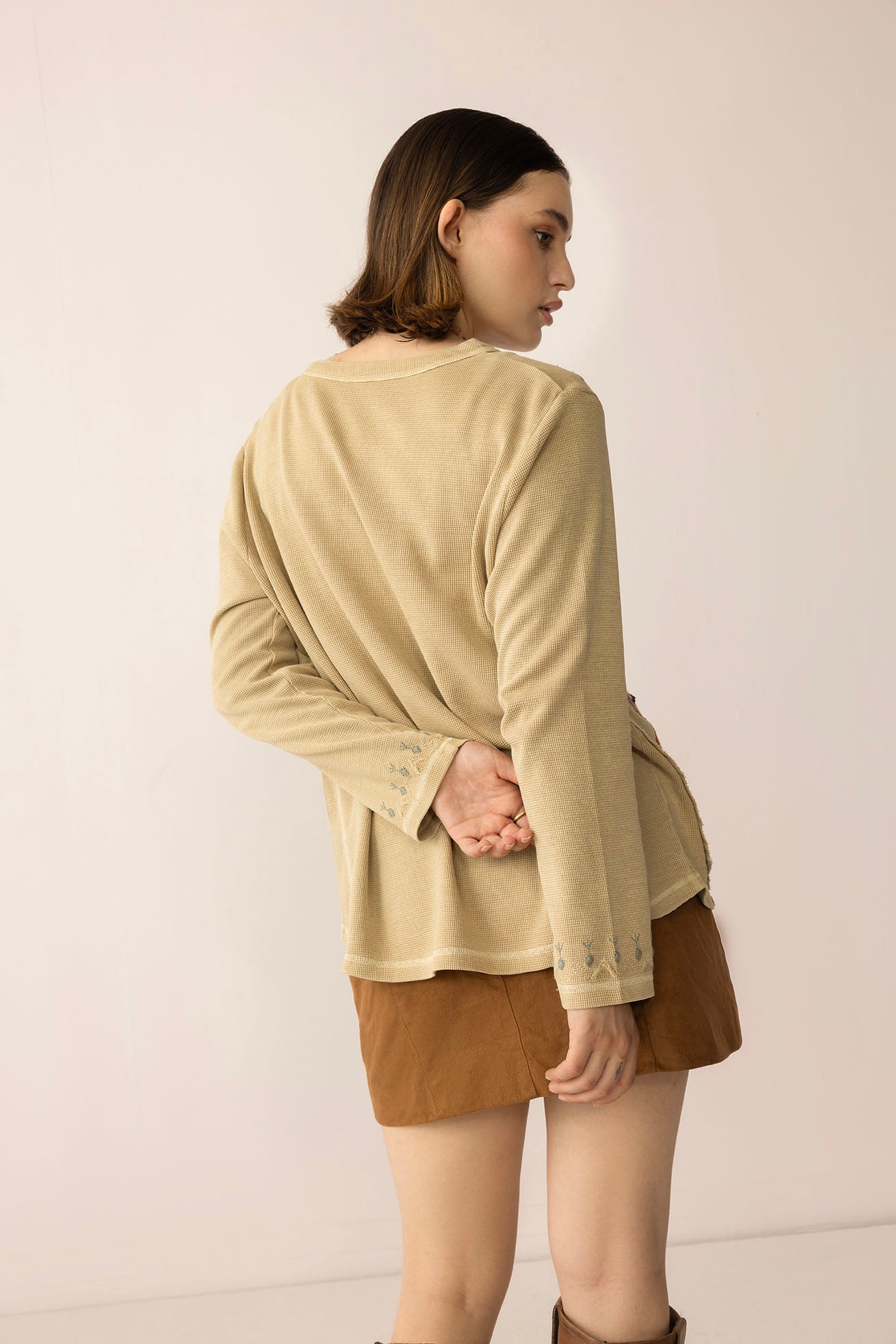 Birdsong Bloom Embroidered Top in Almond color