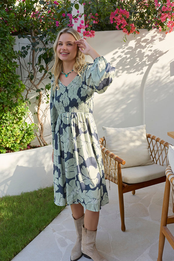 Wildmint Ruffle Smocking Dress in  Beige & Light Cream - Myra USA