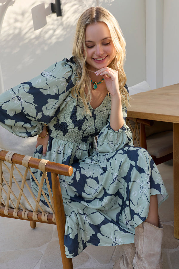 Wildmint Ruffle Smocking Dress in  Beige & Light Cream - Myra USA