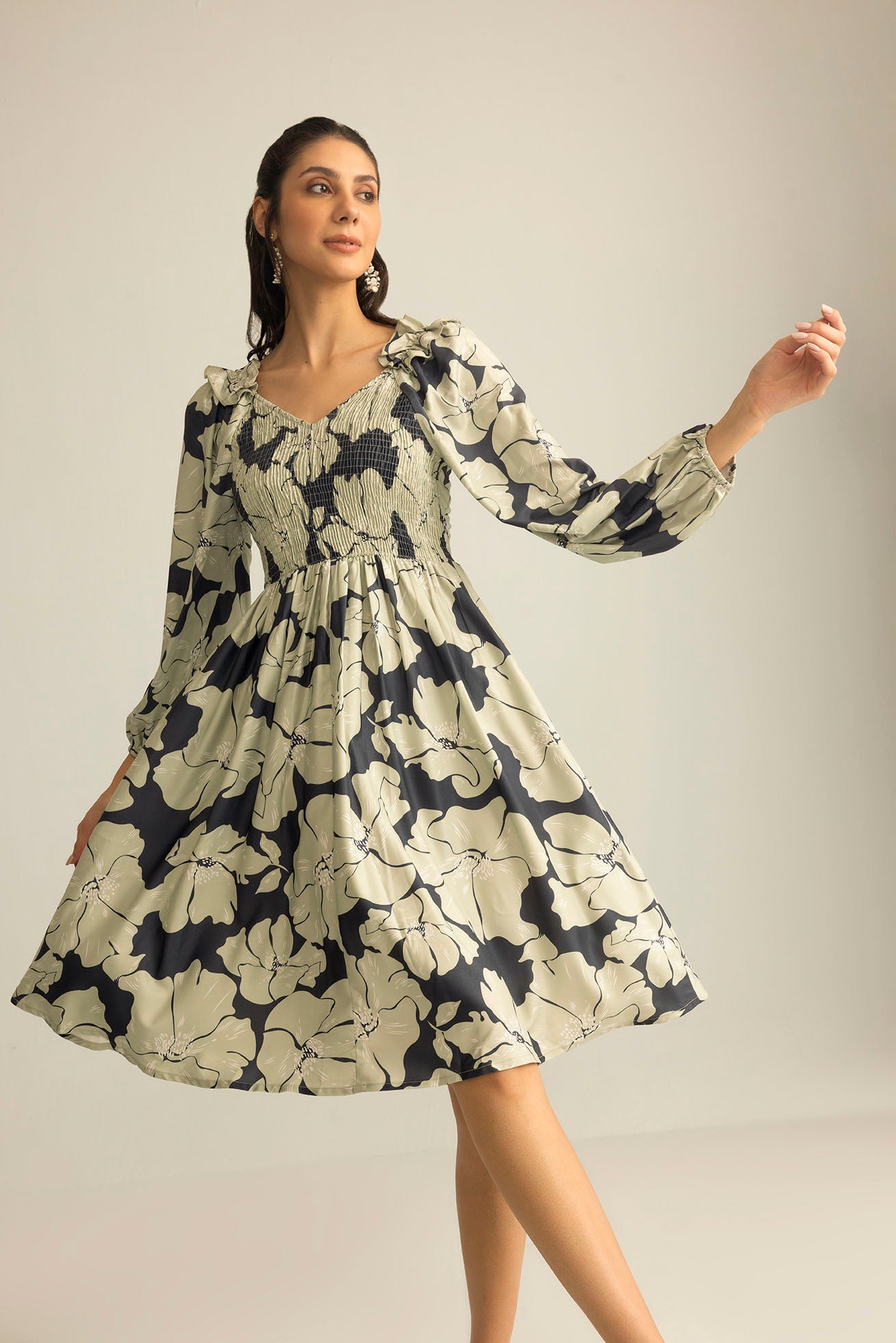 Wildmint Ruffle Smocking Dress in  Beige & Light Cream