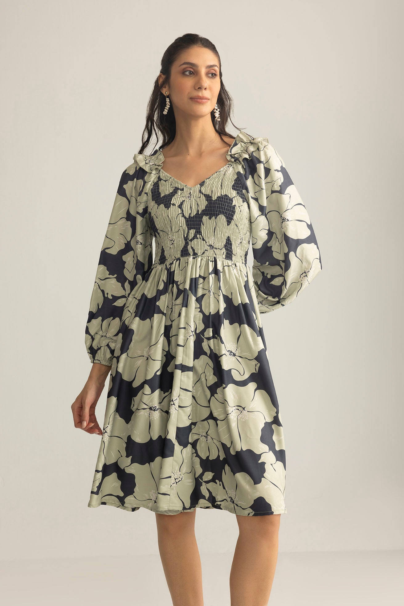 Wildmint Ruffle Smocking Dress in  Beige & Light Cream