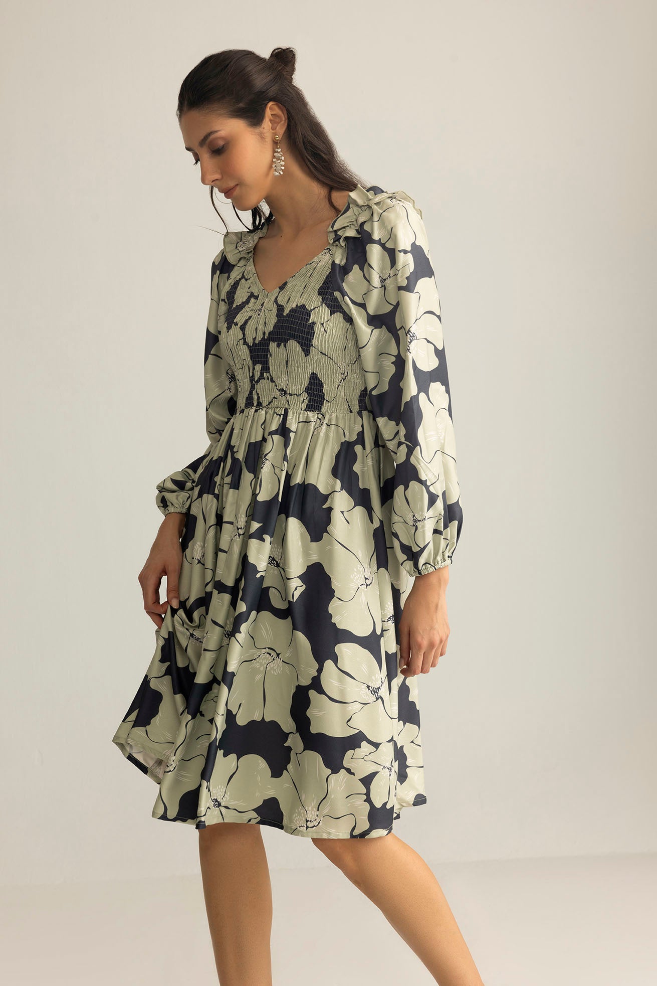 Wildmint Ruffle Smocking Dress in  Beige & Light Cream