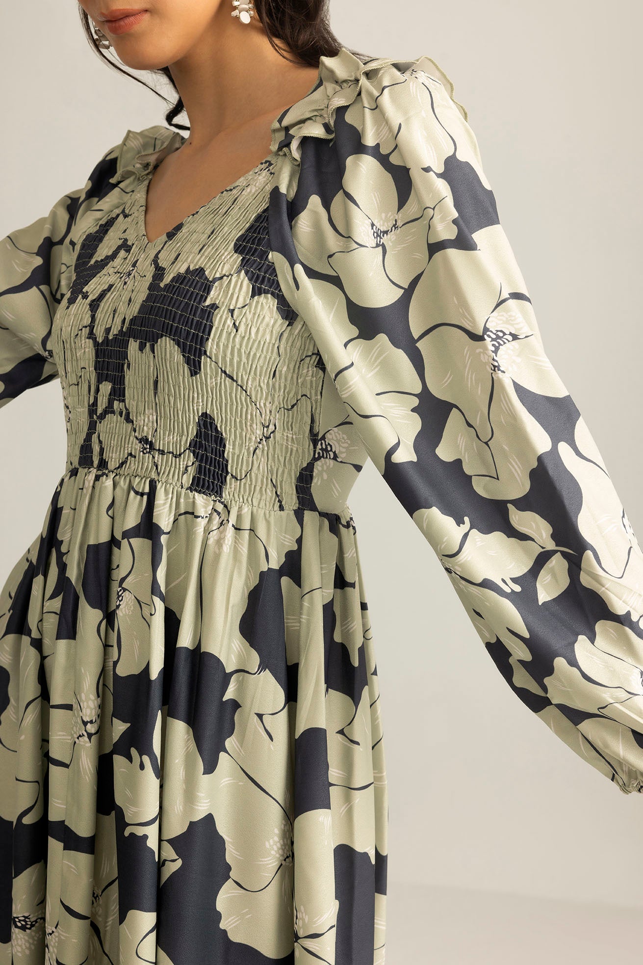Wildmint Ruffle Smocking Dress in  Beige & Light Cream