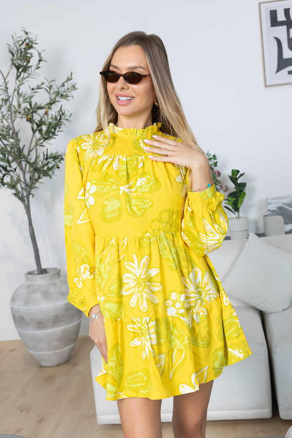 Wild Sienna Ruffle Dress in Yellow Floral print - Myra USA