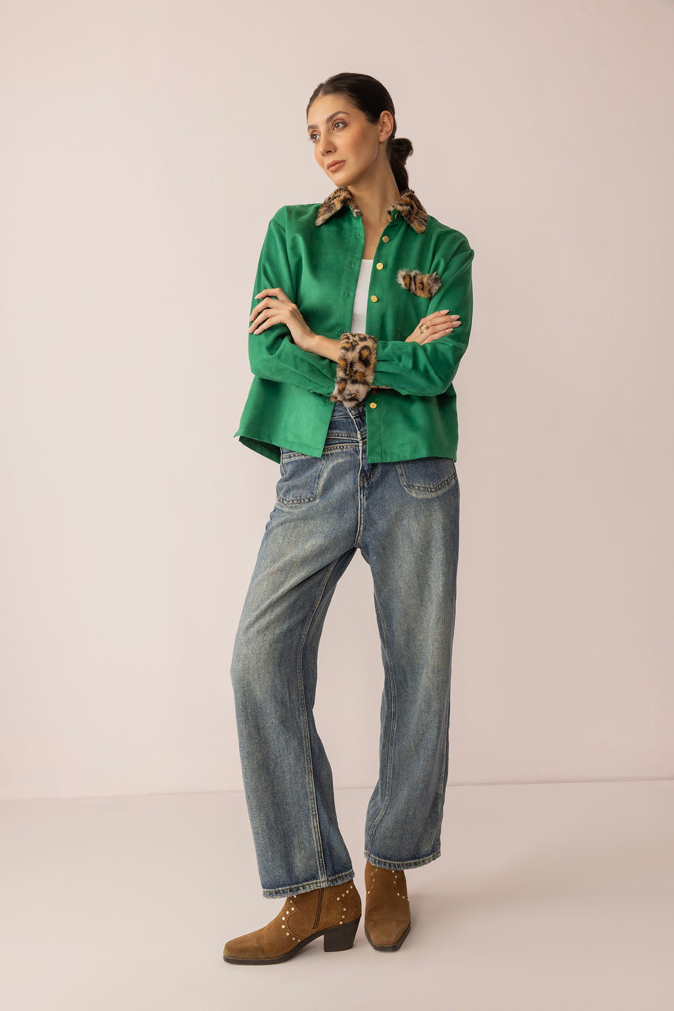 Sienna Rose Women's Shirt in Green with Fur. - Myra USA